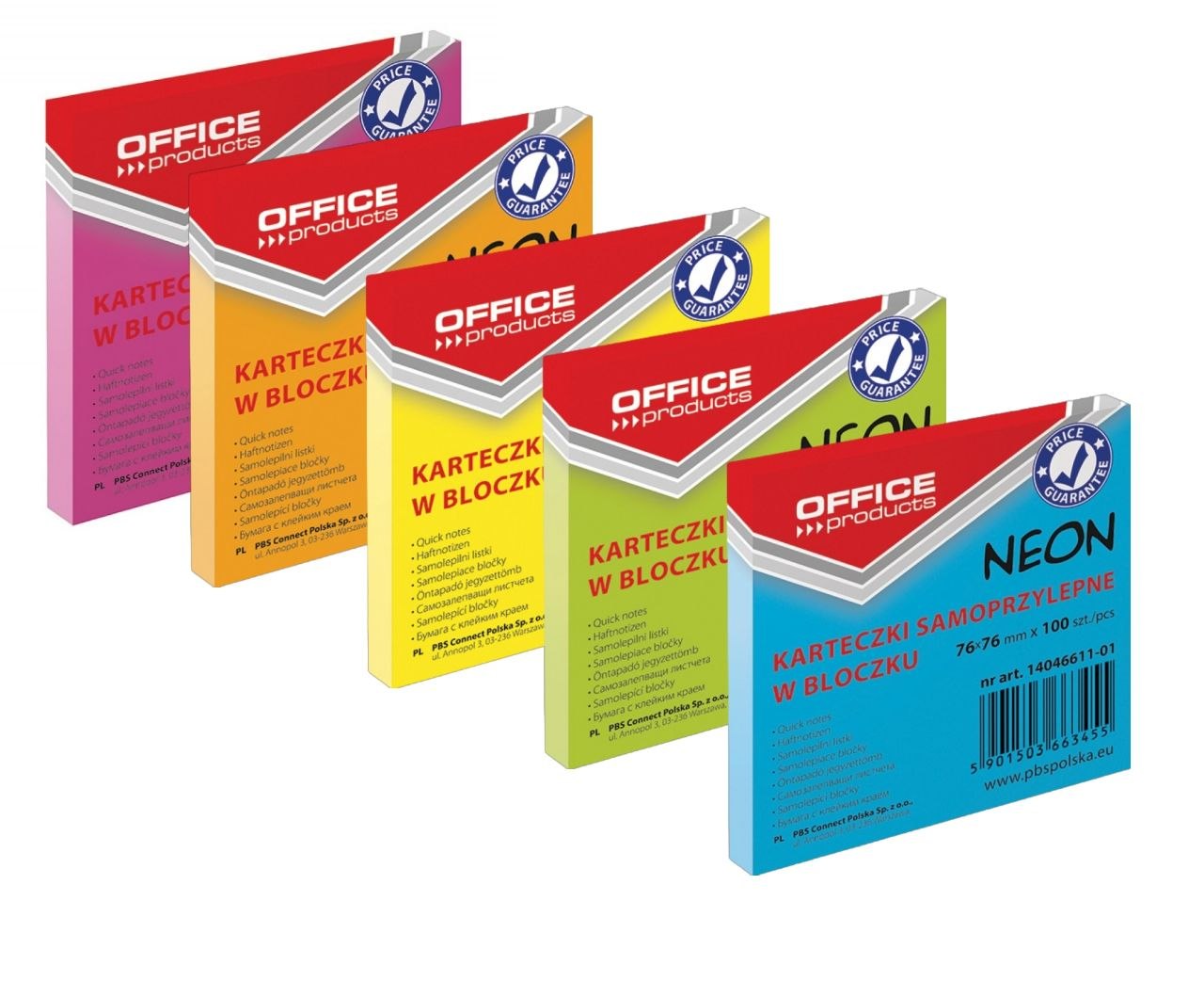 Паперовий блок для нотаток клейкий 76х76мм 100арк OFFICE PRODUCTS 14046611 неон асорті